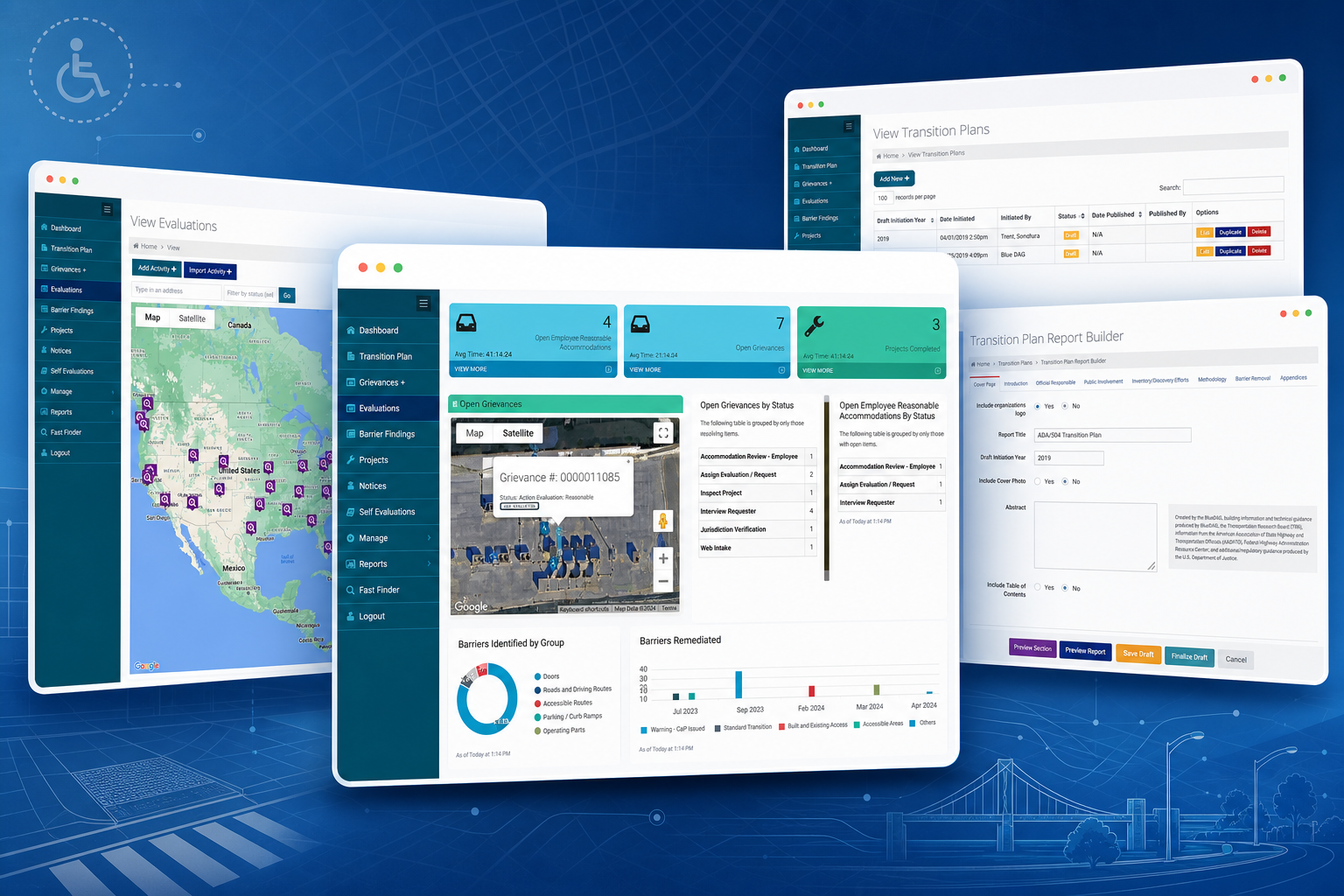 Marketing graphic featuring BlueDAG Government Suite screenshots for dashboard, evaluations, and transition planning workflows