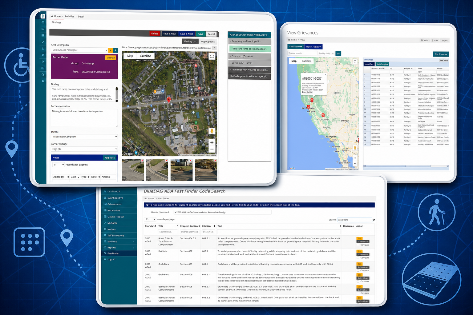 Marketing graphic featuring BlueDAG inspection, grievance, and Fast Finder software screenshots