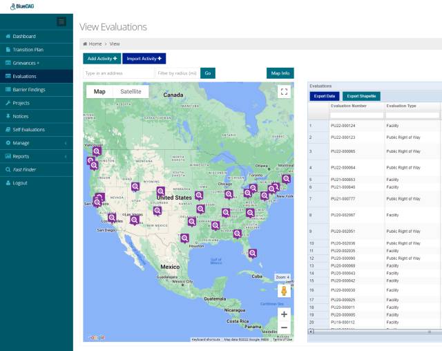 BlueDAG evaluations table and map screenshot